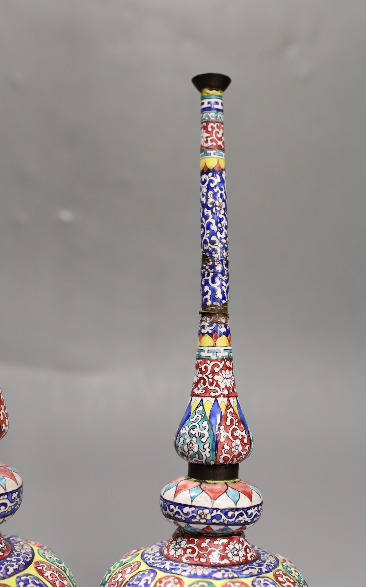 A pair of 19th century Chinese Guangzhou enamel rosewater sprinklers, made for the Indian market 30cm